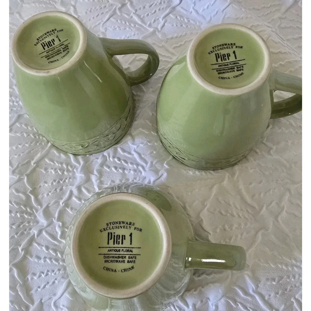 Pier 1 Imports Antique Floral Mint Green Set Of 3 Coffee Mugs Tea Cups Stoneware
